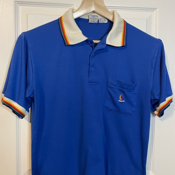 VTG Sea Waves blue ‘Hawaii’ polo shirt w/ rainbow collar & sleeve detail sz L - Picture 2 of 11